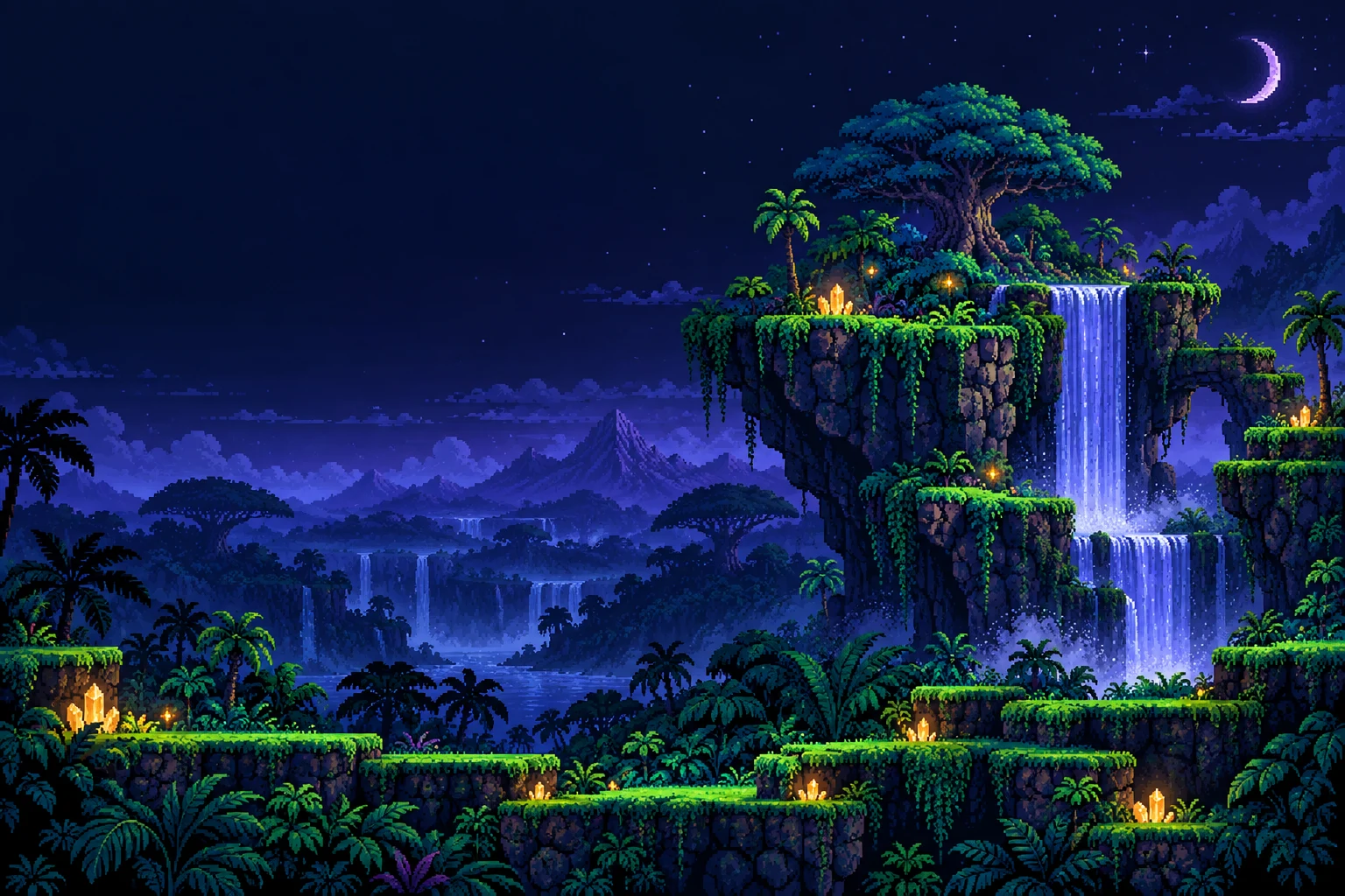 Mundo original em pixel art com floresta, ilhas flutuantes e uma cachoeira sob o céu noturno